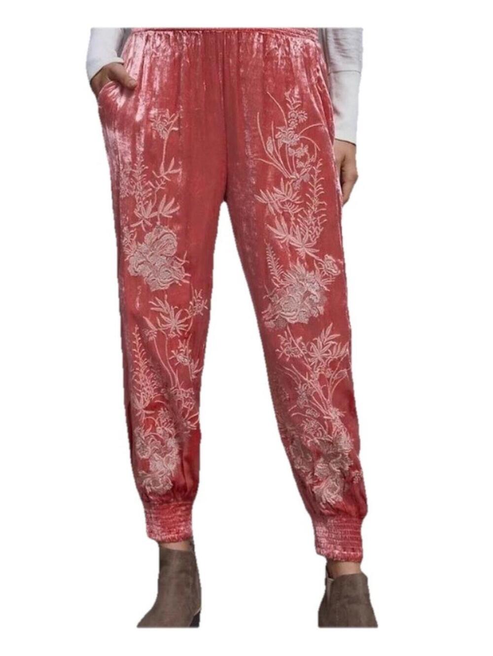 Anthropologie Rosie Embroidered Crushed Velvet Joggers Sz small boho PINK pants - Picture 1 of 8